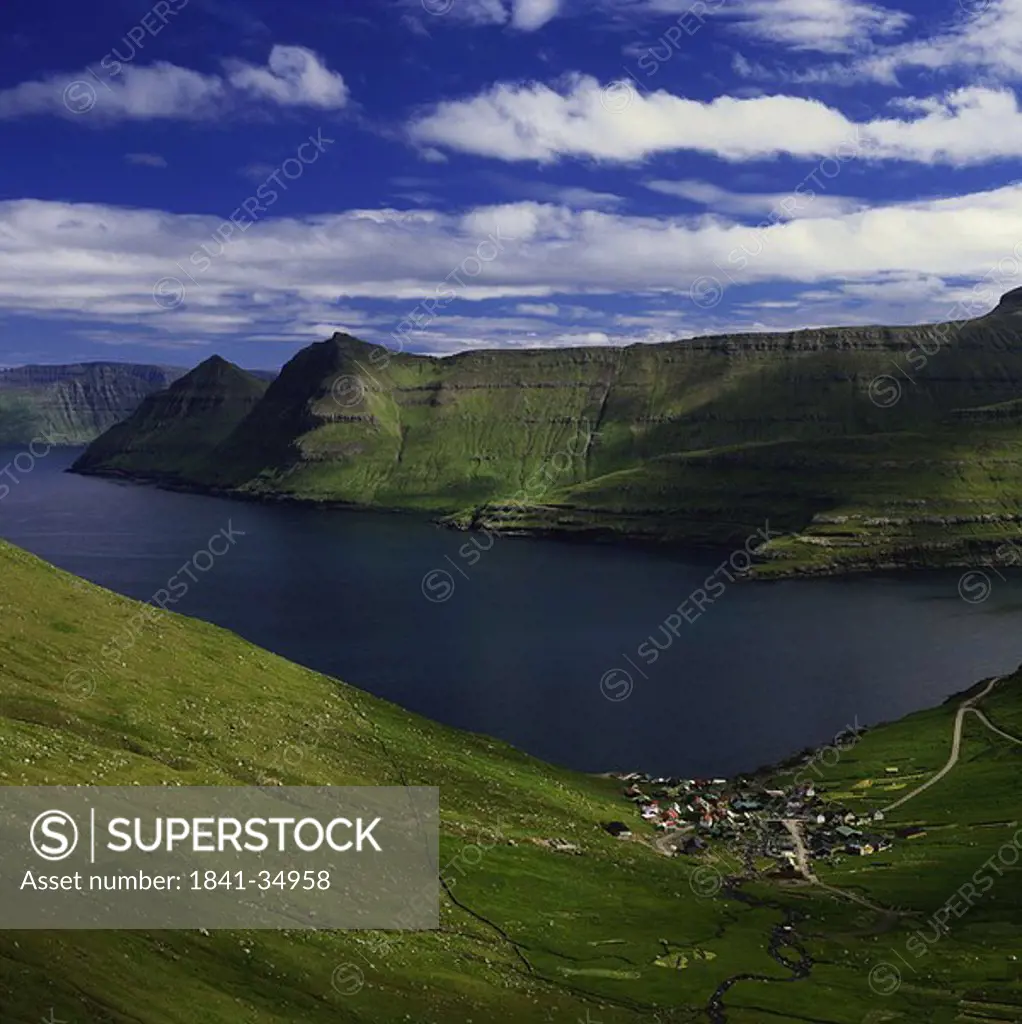 Aerial view of lake in valley, Faroe Islands, Denmark