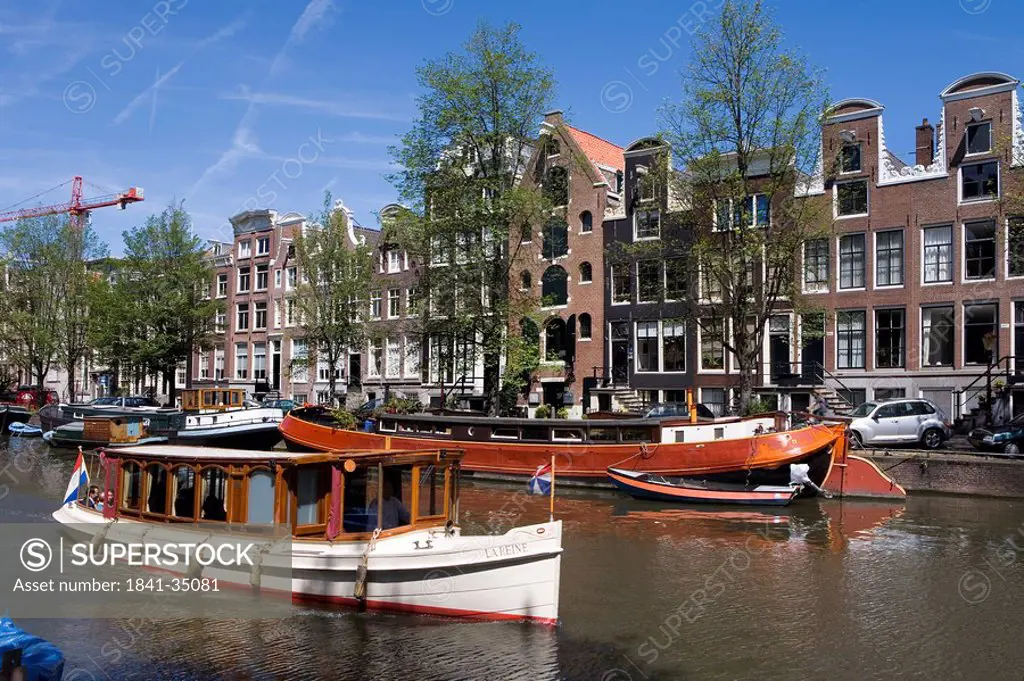 Boats on the Prinsengracht, Amsterdam, Netherlands, elevated view