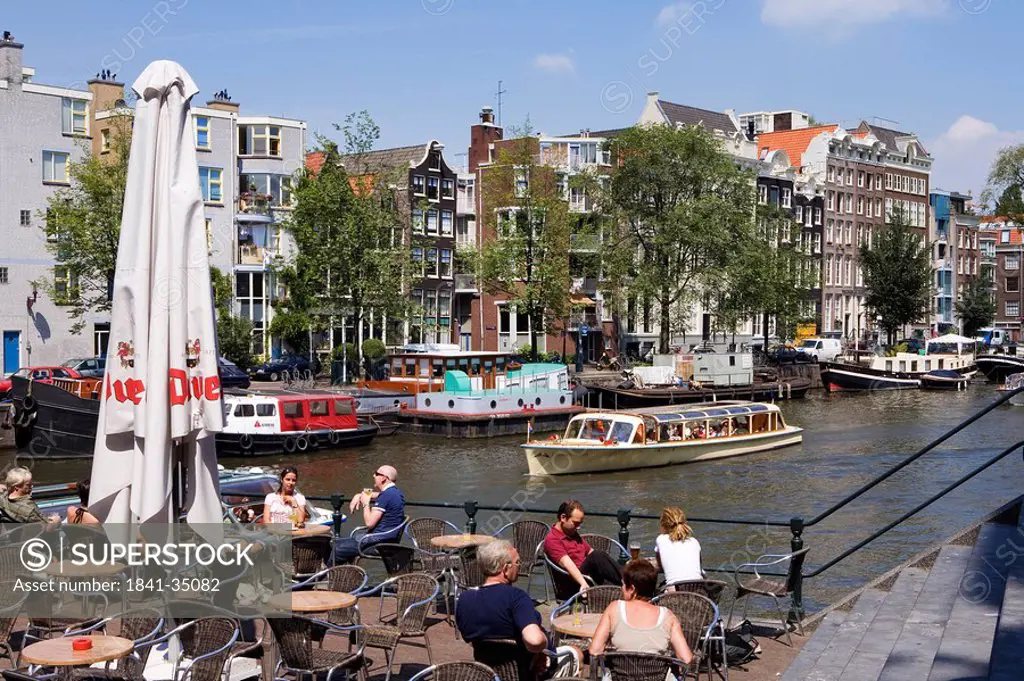 Pavement cafe De Sluyswacht, Amsterdam, Netherlands, elevatde view