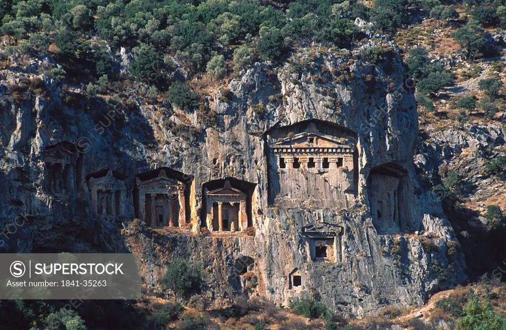 Lycian rock tombs on side of mountain, Dalyan, Turkey