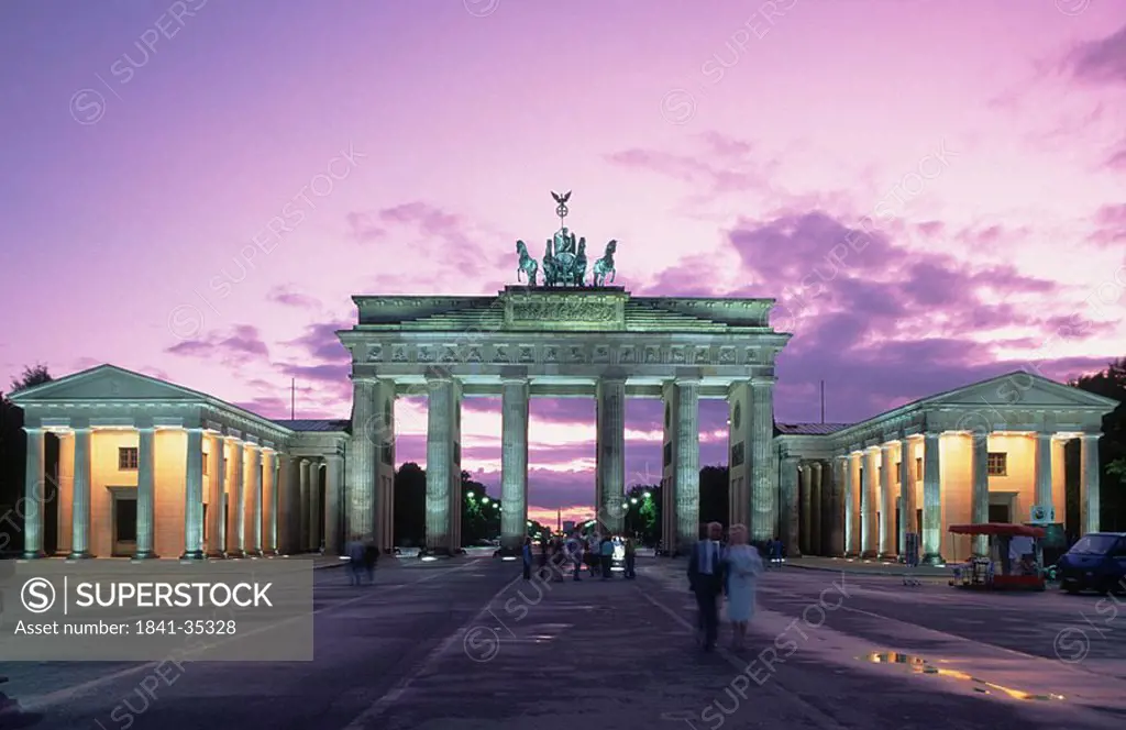 Archway lit up at dusk, Brandenburg Gate, Pariser Platz, Berlin, Germany