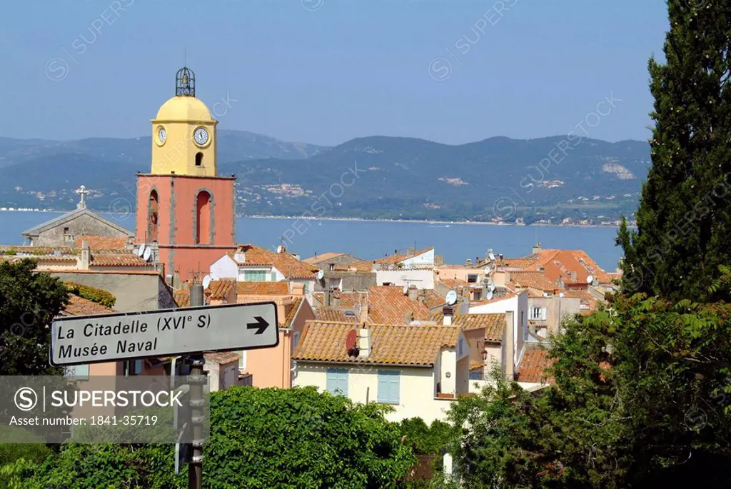 Direction sign in St. Tropez, France, elevated view