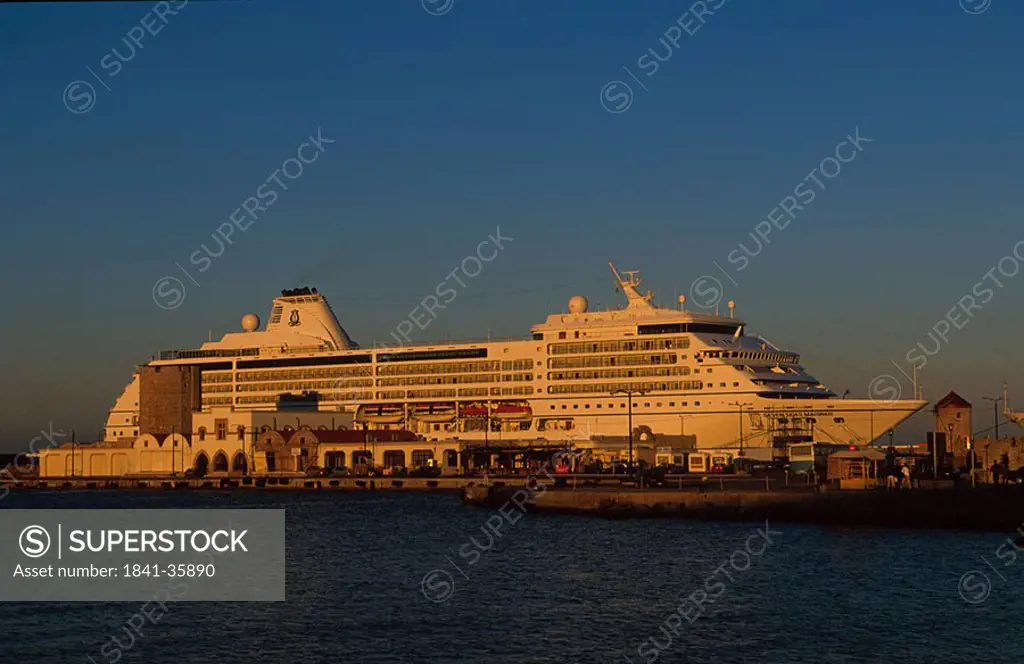 Cruise ship moored at harbor, Dodecanese Islands, Greece