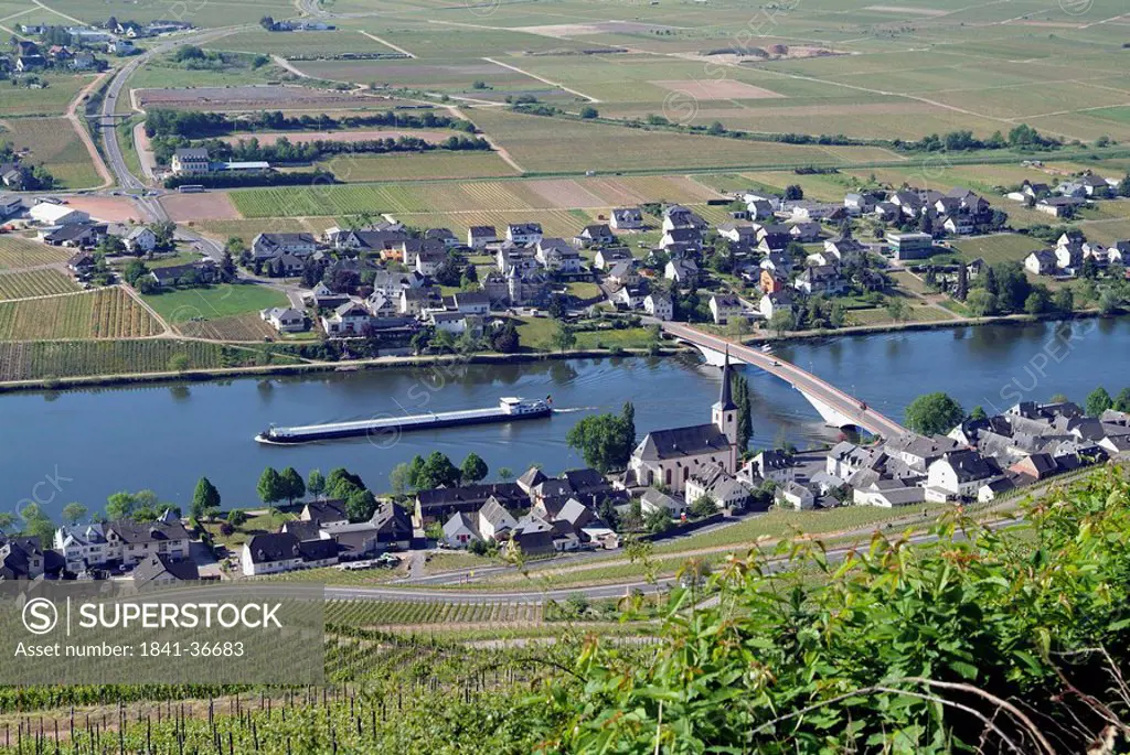 Aerial view of barge in river, Piesport, Moselle River, Rhineland_Palatinate, Germany