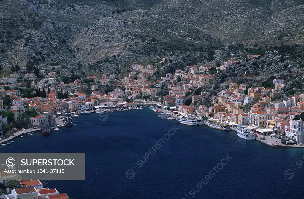 Aerial view of port town, Dodecanese Islands, Greece