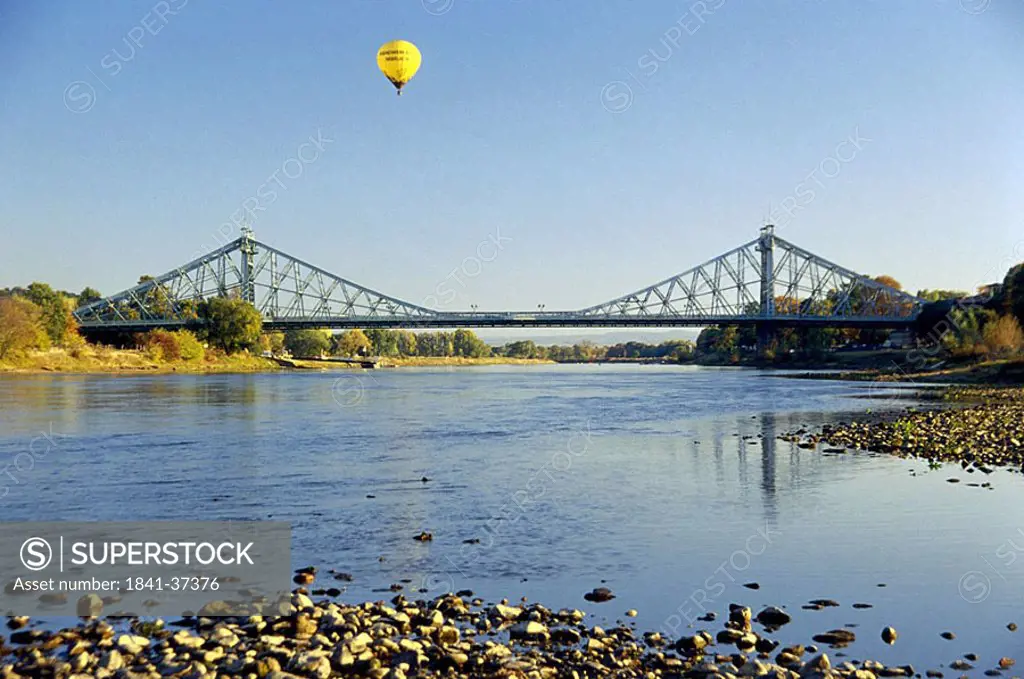 Suspension railway bridge across river, Elbe River, Blaues Wunder, Dresden, Saxony, Germany