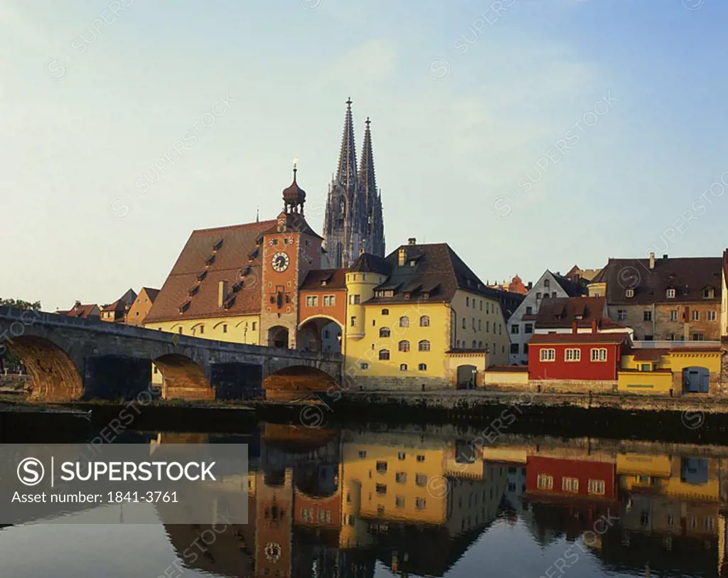 Bridge across river in town, Regensburg, Germany