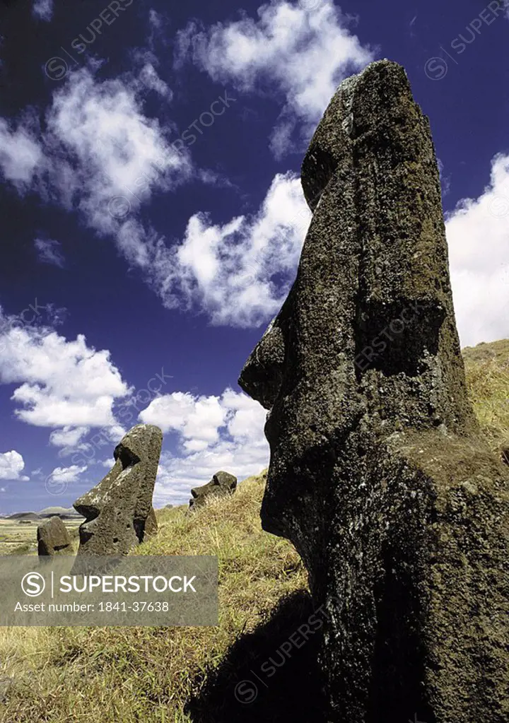 Statues on landscape, Moai Statue, Rano Raraku, Easter Island, Chile
