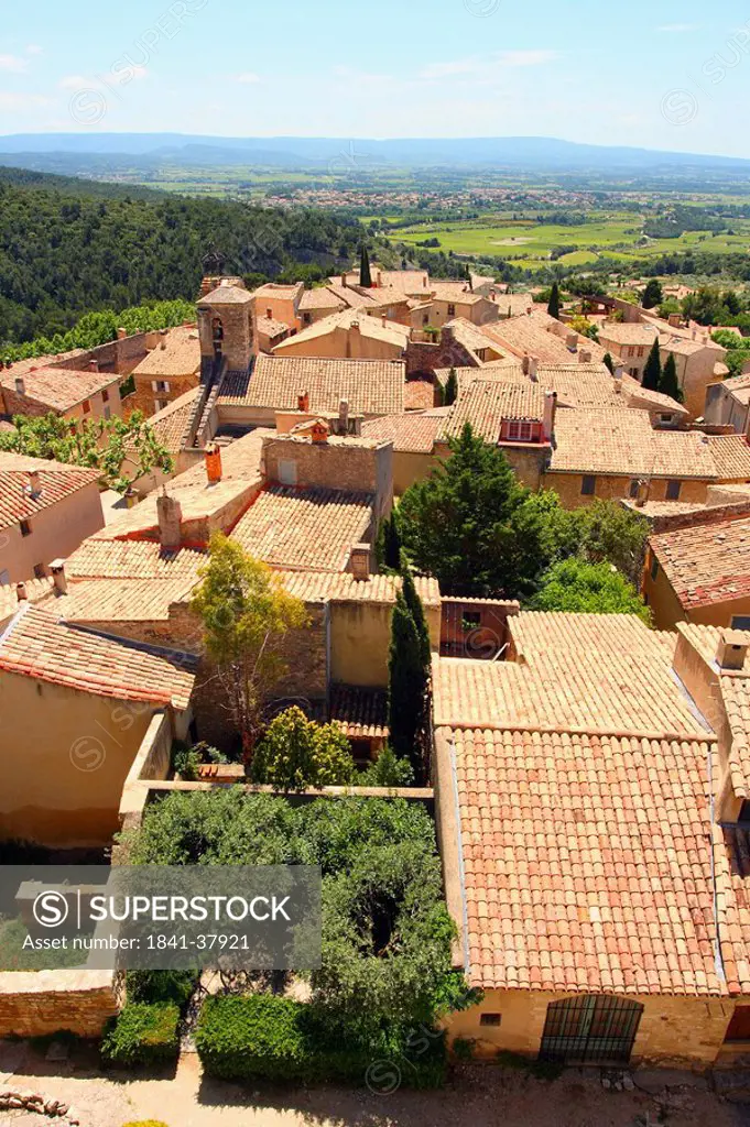 High angle view of houses in town, Le Barroux, Vaucluse, Provence_Alpes_Cote d´Azur, France