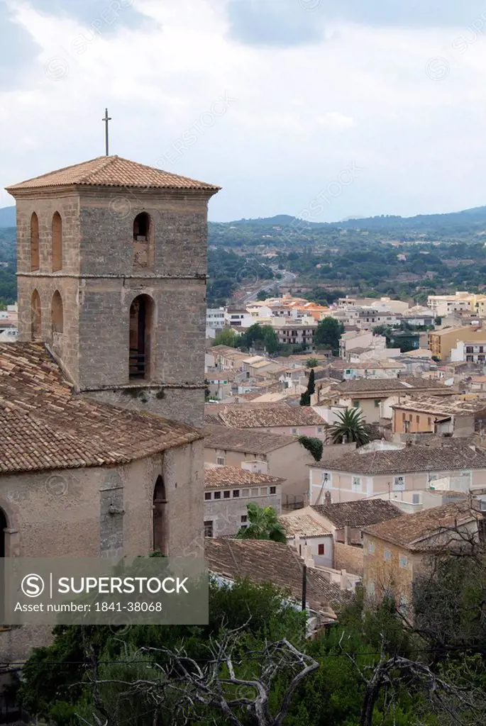 General view of Arta, church in the foreground, Majorca, Spain, high angle view
