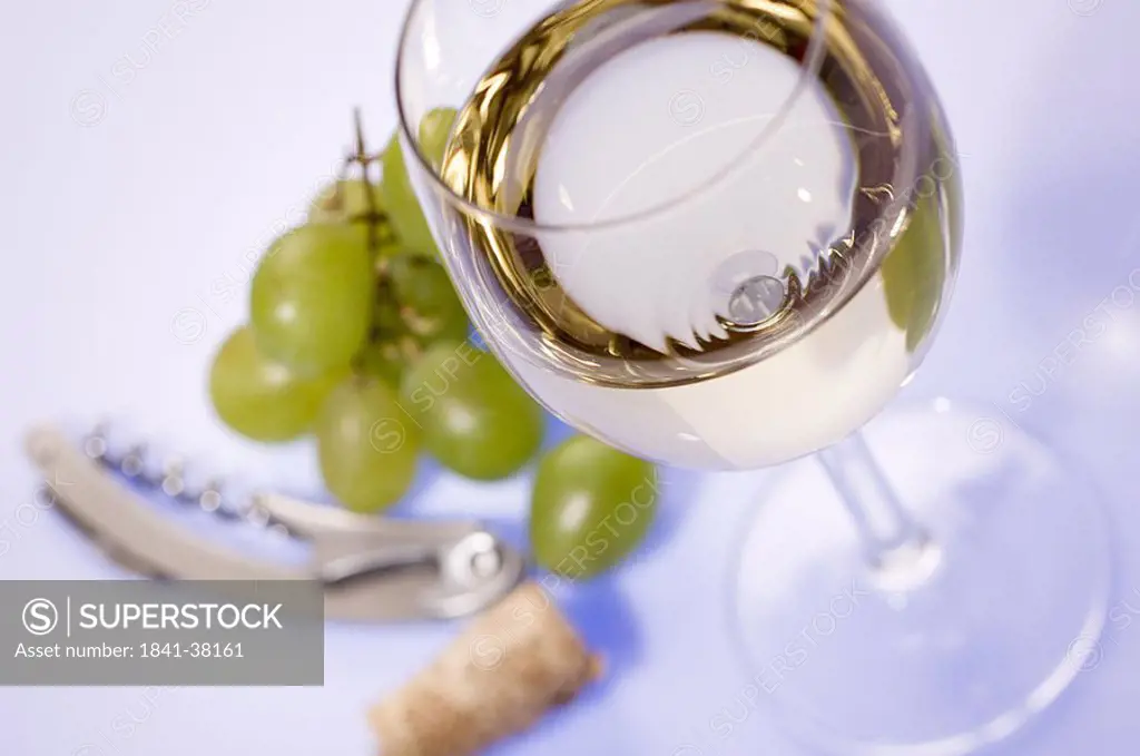 High angle view of glass of white wine