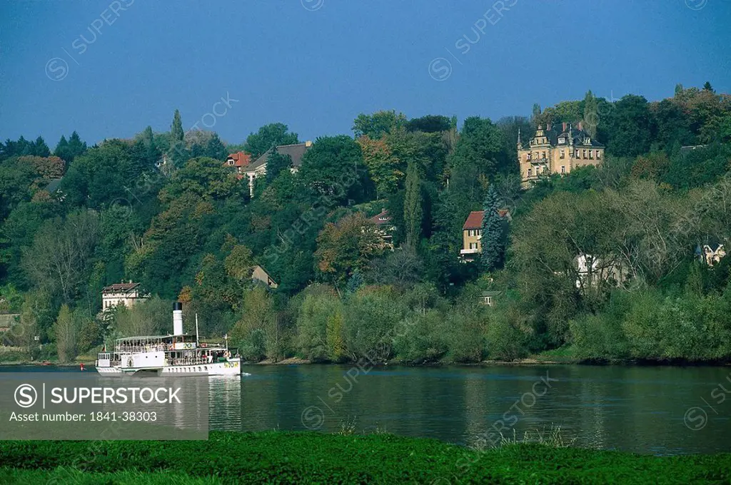 Steamer in river, River Elbe, Loschwitz, Dresden, Lower Saxony, Germany