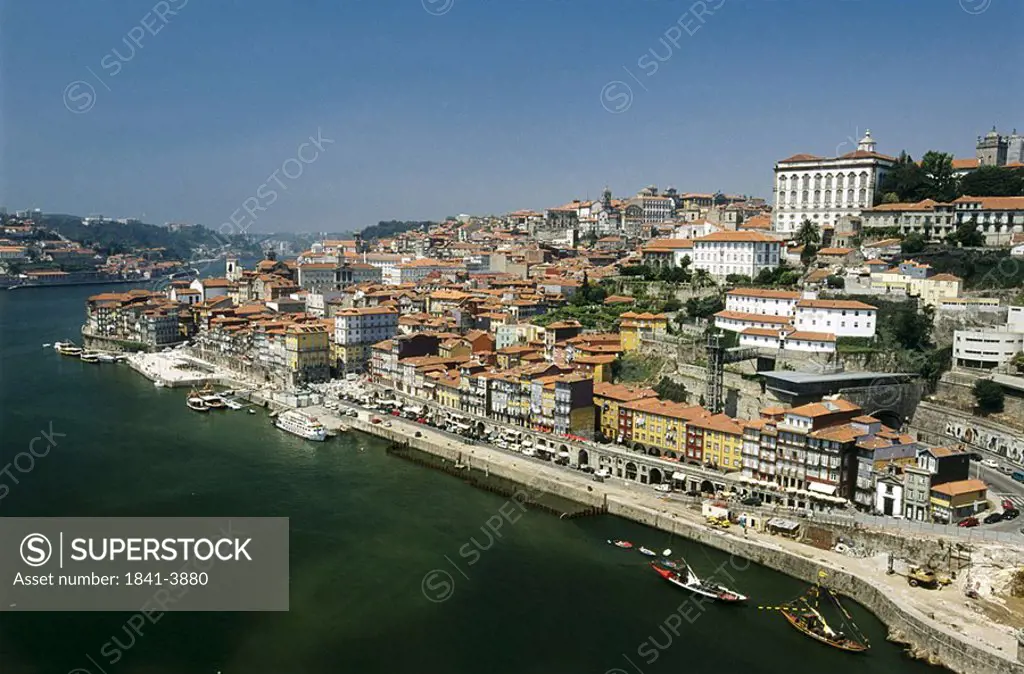 Aerial view of city at waterfront, Porto, Portugal