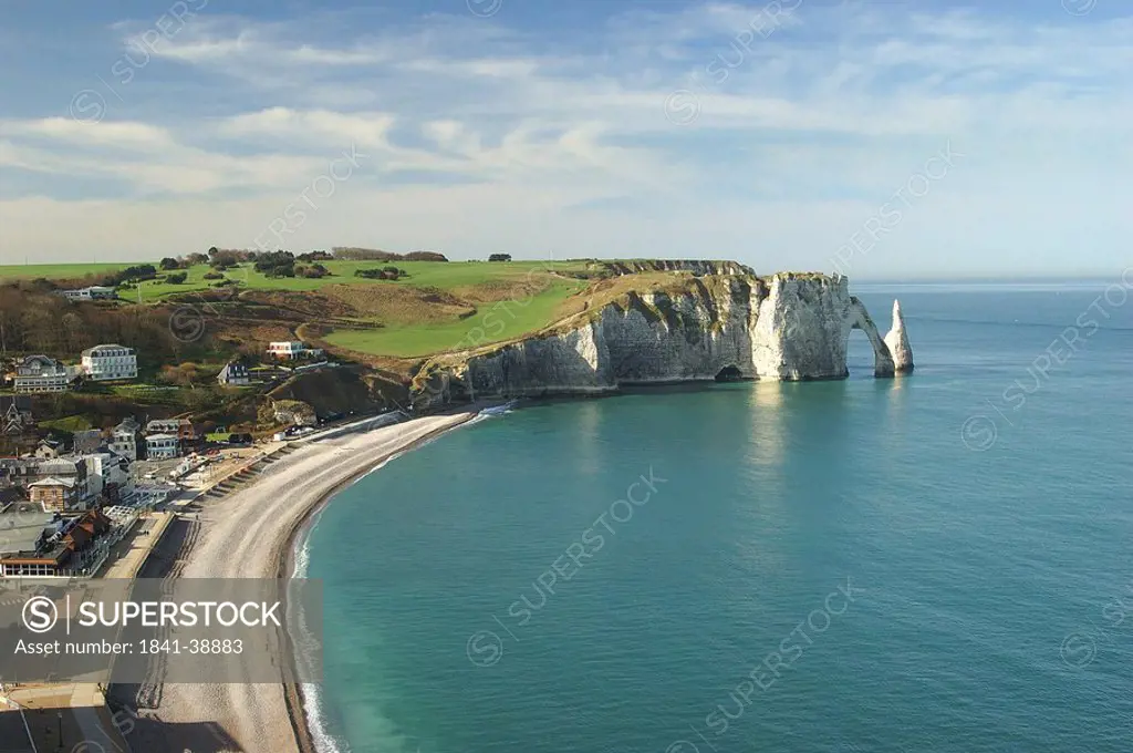 High angle view of town on coast, Etretat, Seine_Maritime, Haute_Normandy, France