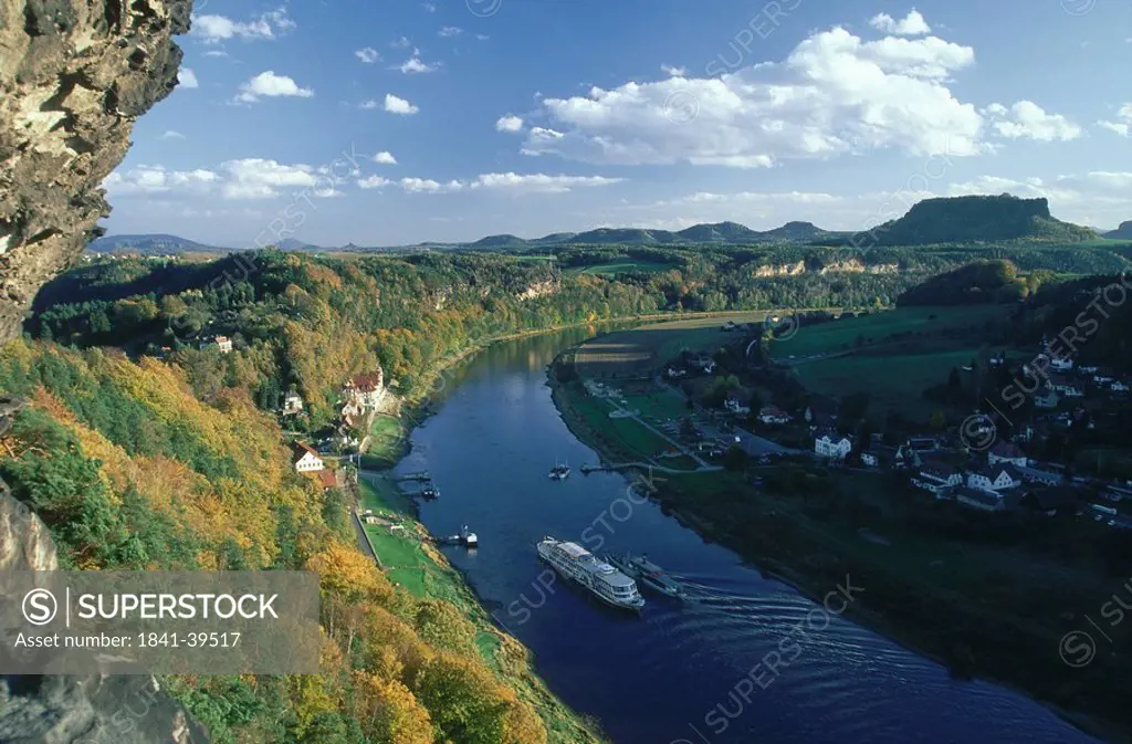 High angle view of steamboat in river, Elbe River, Saxony, Germany