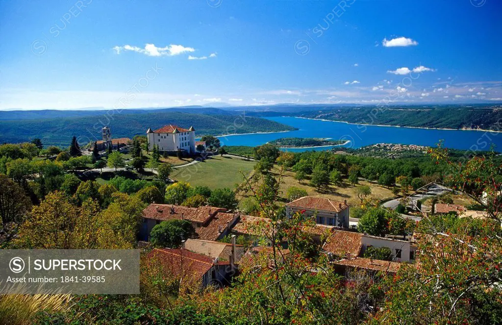 High angle view of a village on a lakeside, Croix Lake, Aiguines, Var, Cote D´Azur, Provence, France