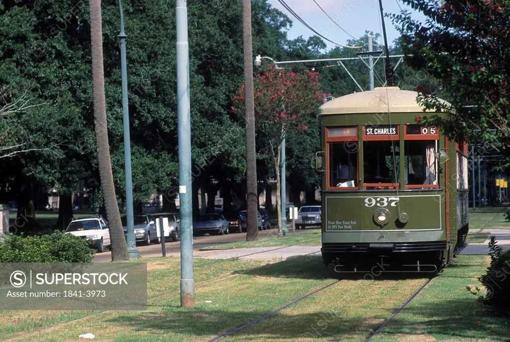 Cable car on tracks, St. Charles Streetcar, New Orleans, Louisiana, USA