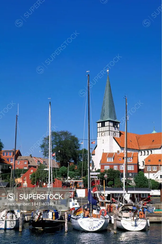 Boats at harbor, Nikolaikirche, Ronne, Bornholm, Denmark