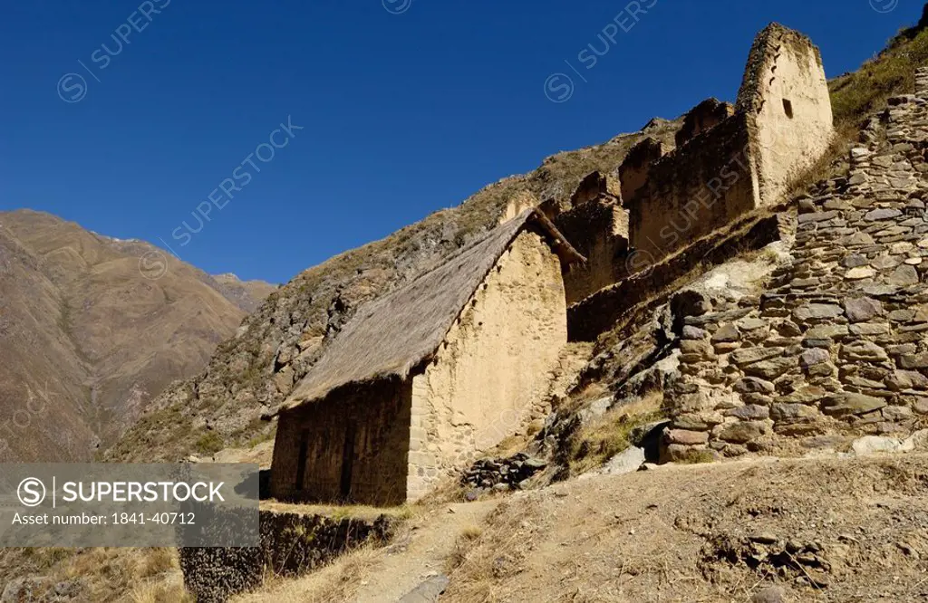 Low angle view of old ruins, Ollantaytambo, Urubamba Province, Cusco Region, Peru