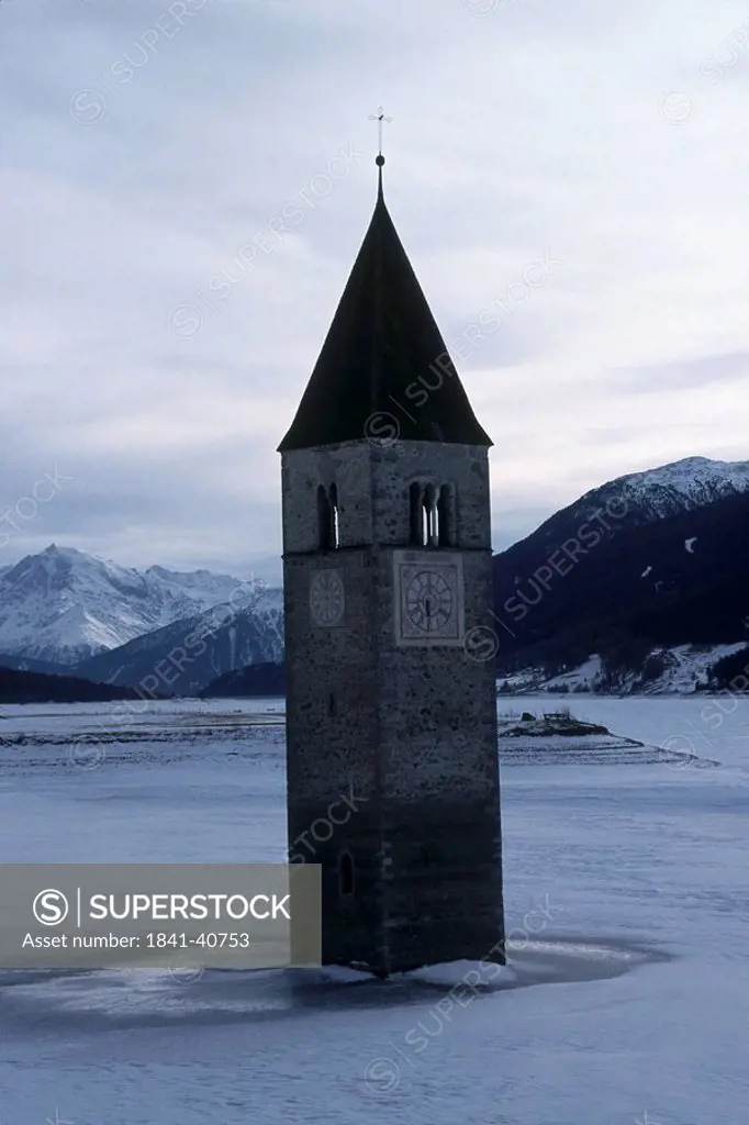 Overflooded church bell tower, Vinscgau, Southern Tyrol, Italy