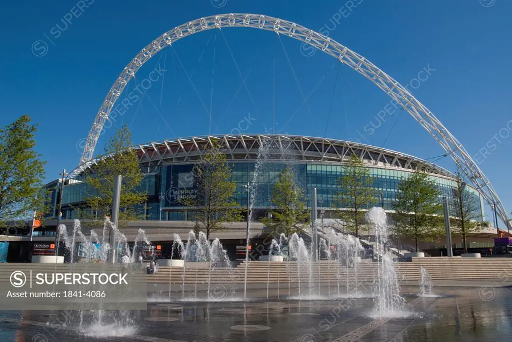 Fountains in front of stadium, Wembley Stadium, Wembley, London, England