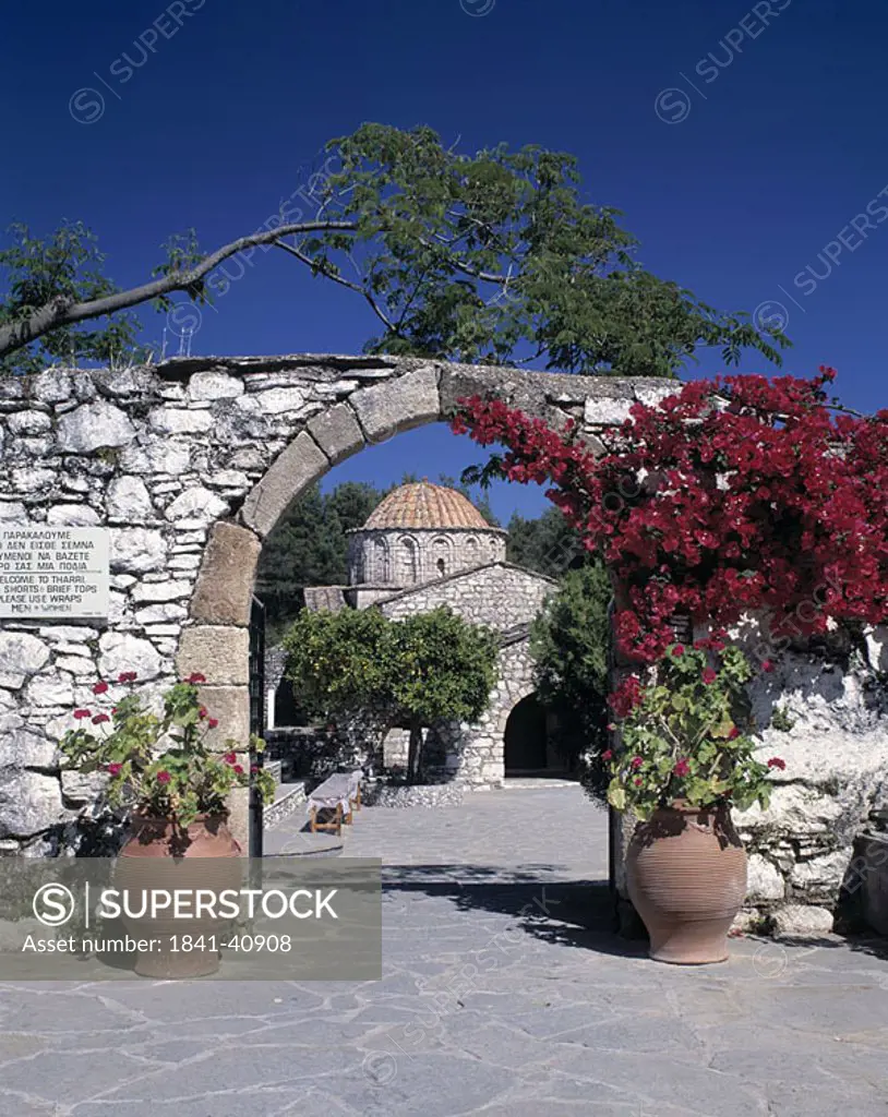 Entrance of monastery, Moni Thari Monastery, Laerma, Rhodes, Dodecanese Islands, Greece