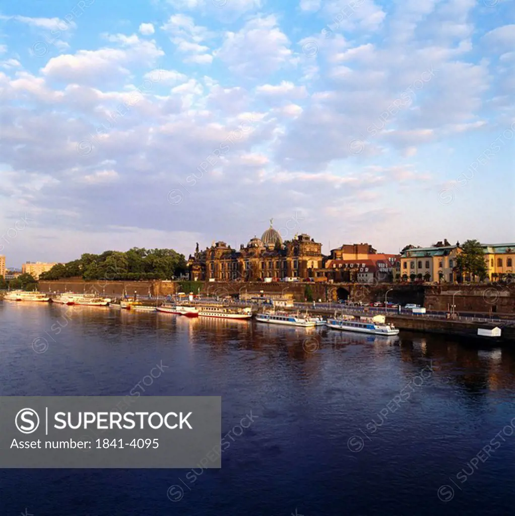 Buildings at waterfront, Bruhl´s Terrace, Elbe River, Dresden, Saxony, Germany