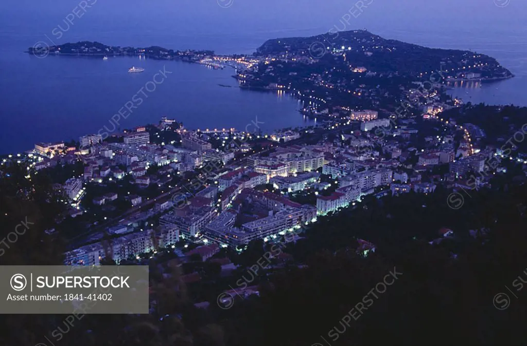 High angle view of a town lit up at night, Cap Ferrat, Cote d´Azur, France