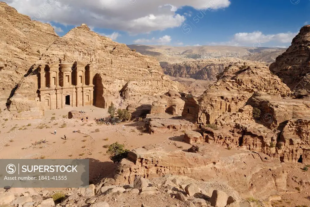 High angle view of tourists in front of monastery, Petra, Wadi Musa, Jordan