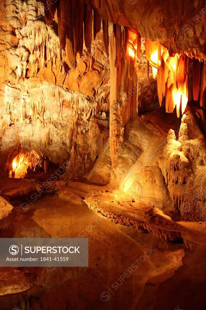 Stalactites and stalagmites in cave, Grotte de la Madeleine, Ardeche, Provence_Alpes_Cote d´Azur, France