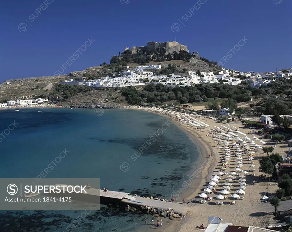 High angle view of a beach, Lindos, Rhodes, Dodecanese Islands, Southern Aegean, Greece