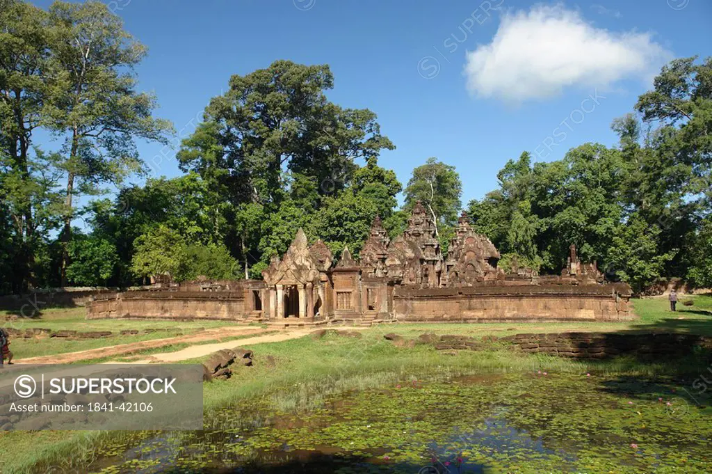 Pond in front of old ruins of temple, Banteay Srei, Cambodia