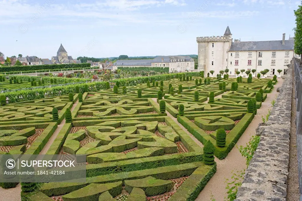 Formal garden in front of castle, Chateau De Villandry, Villandry, Indre_Et_Loire, France