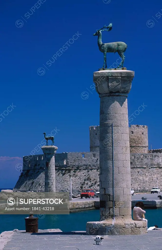 Deer sculptures on columns of fort, Fort Of St. Nicholas, Dodecanese Islands, Greece