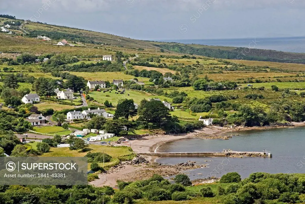 High angle view of houses on hill, Kells Bay, Ring Of Kerry, Iveragh Peninsula, County Kerry, Munster, Ireland