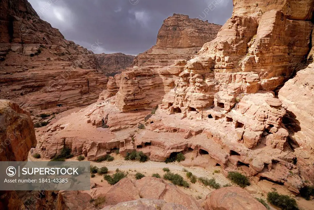 Rock formations on landscape, Petra, Wadi Musa, Jordan