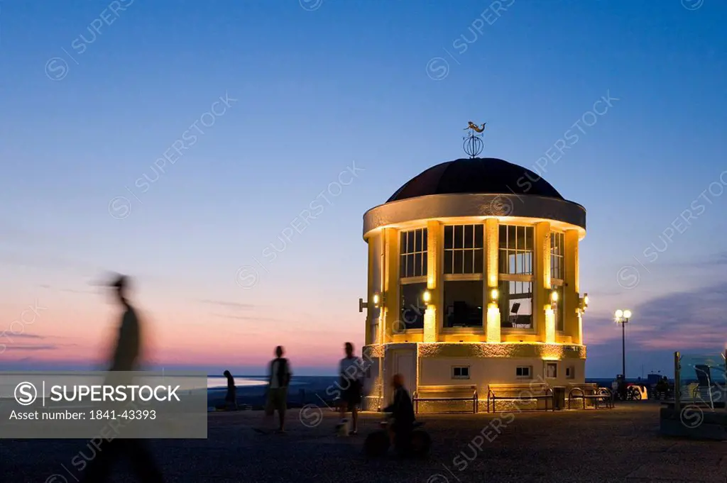 Pavilion on beach at dusk, Borkum, Lower Saxony, Germany
