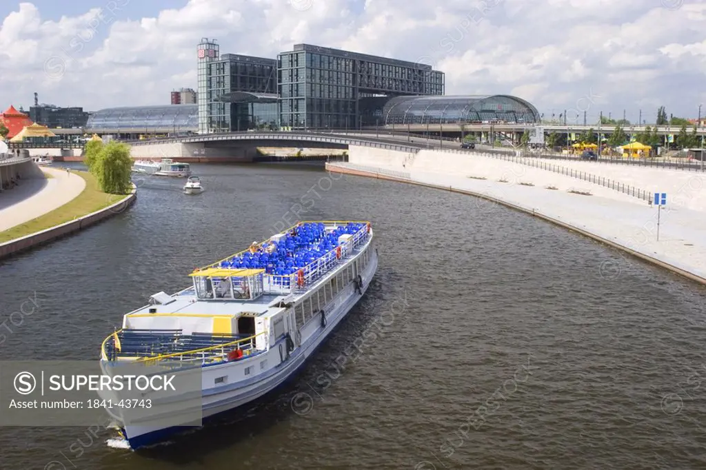 High angle view of yacht in river, Spree River, Berlin, Germany
