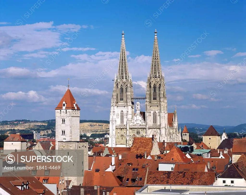 Cathedral spires against sky in town, Bavaria, Germany