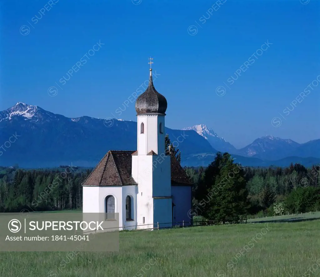 Chapel with mountain in background, Penzberg, Weilheim_Schongau, Bavaria, Germany