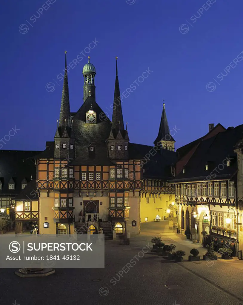 Market place with city hall and hotel at night, Wernigerode, Germany