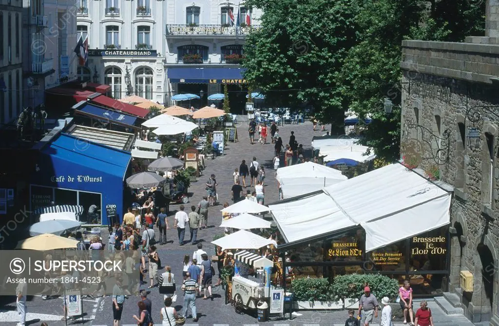 High angle view of people at market, Saint Malo, Place Chateaubriand, Brittany, France