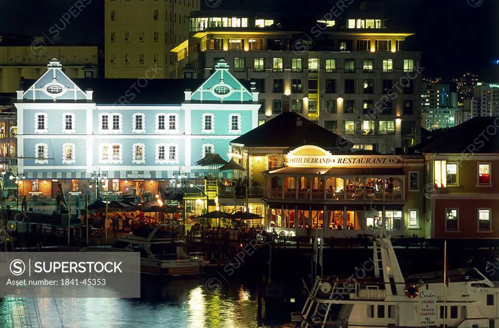 Coffeehouse lit up at night, Hildebrand Restaurant, Victoria and Albert Waterfront, Cape Town, Western Cape, South Africa