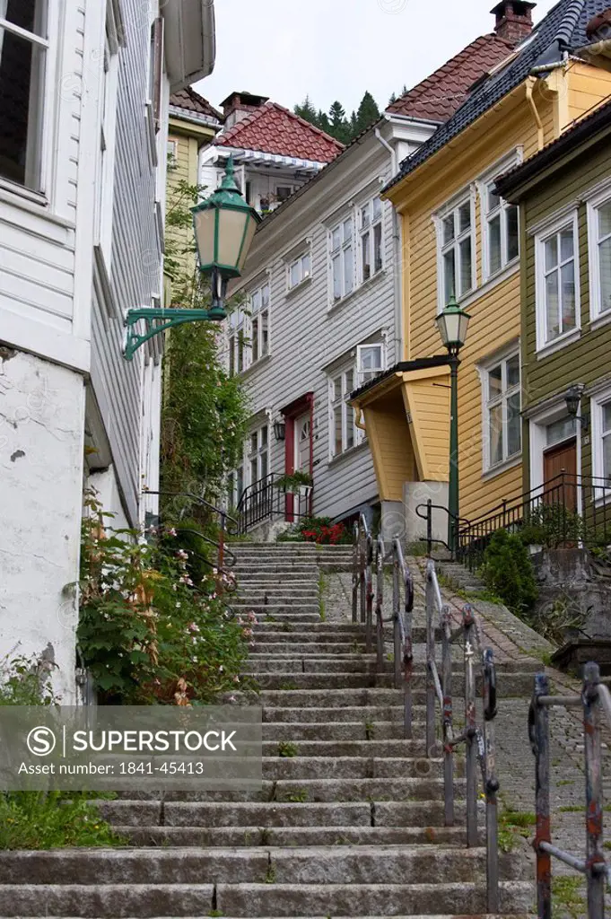 Staircase between residential buildings, Bergen, Norway, low angle view
