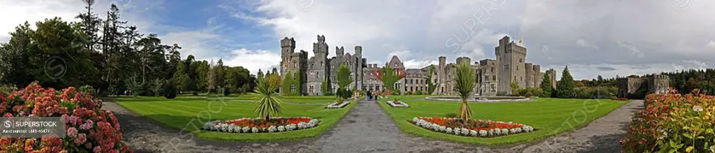 Formal garden in front of castle, Ashford Castle, Republic of Ireland