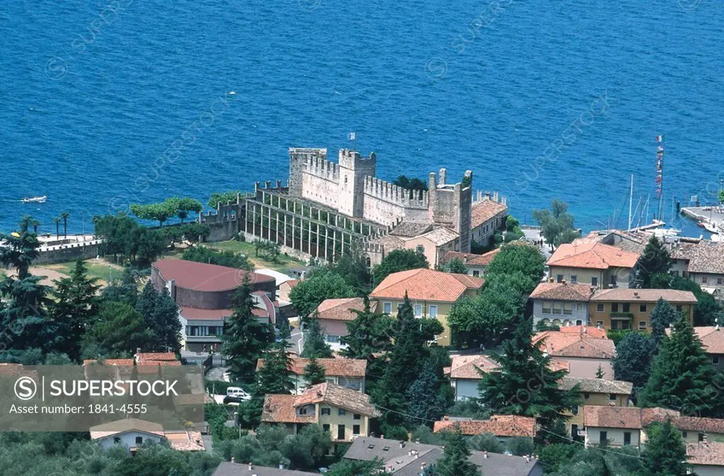 High angle view of town at coast, Torri del Benaco, Lake Garda, Italy