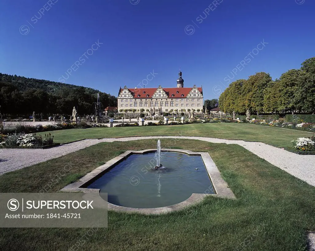 Fountain in formal garden in front of building, Baden_Wurttemberg, Germany