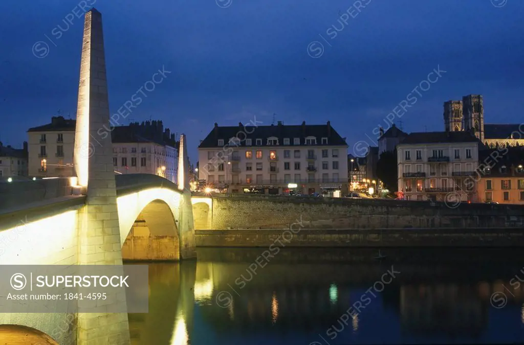 Arch bridge at night, Saone River, Burgundy, France, Europe
