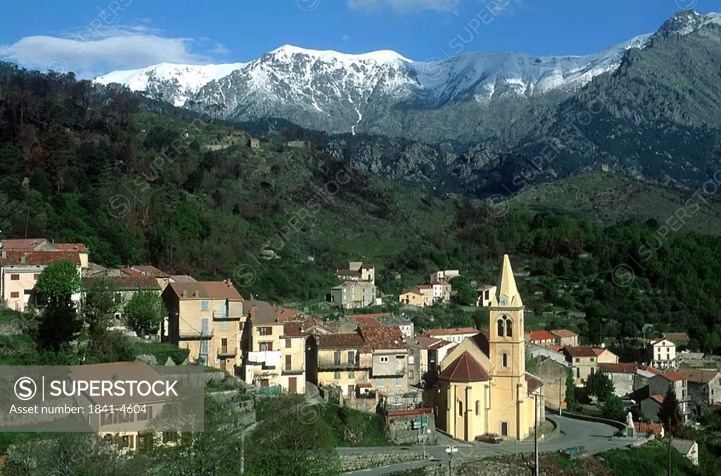 High angle view of town on hill, Porto_vecchio, Corse du Sud, Corsica, France
