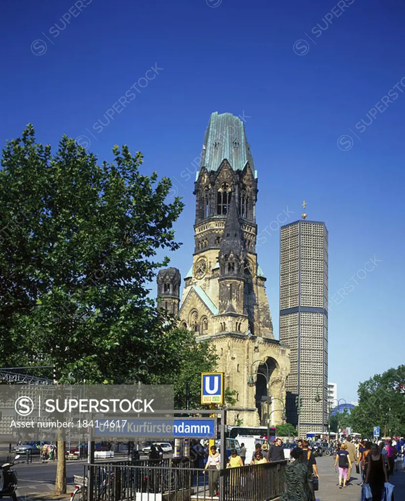 Low angle view of church, Kaiser Wilhelm Memorial Church, Kurfuerstendamm, Breitscheidplatz, Berlin, Germany